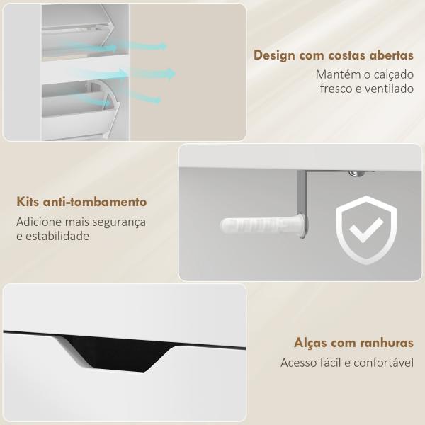 Sapateira Estreita com 3 Gavetas Rebatíveis Prateleiras Ajustáveis e Compartimento Aberto Capacidade para 12 - 18 Pares Branco