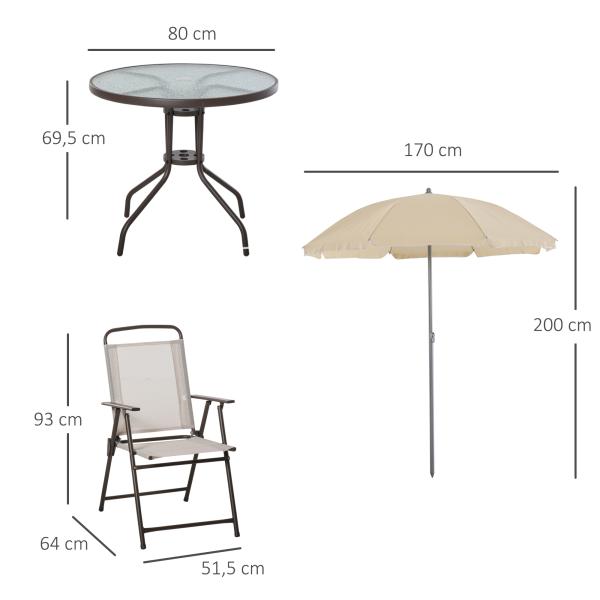 Conjunto de Jardim Refeição 6 Peças com 4 Cadeiras Dobráveis Mesa com Bancada de Vidro e Chapéu de Sol Bege