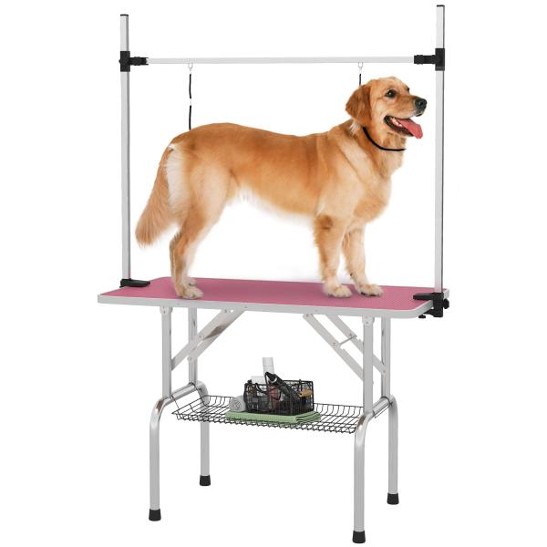 Mesa de Tosquia para Cães Dobrável Mesa de Higiene com Prateleira Metálica Superfície Antiderrapante 107x60x164 cm, Rosa