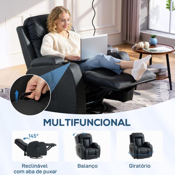 Poltrona de Massagem Reclinável até 145° com 8 Pontos de Massagem por Vibração Função de Aquecimento 82x99x103 cm Preto