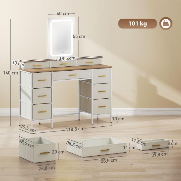 Toucador com Luzes LED de 3 Cores Espelho 10 Gavetas de Tecido e Pés em Aço 118,5x39,5x140 cm Madeira