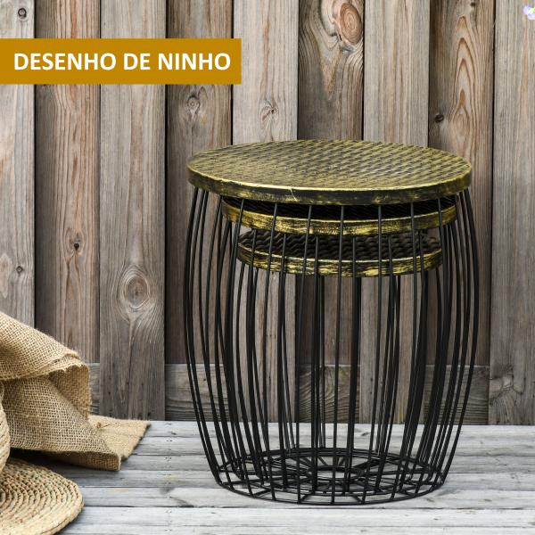 Conjunto de 3 Mesas de Jardim Empilháveis Mesas Auxiliares Redondas com Estrutura Metálica e Tampo Imitação Vime Preto