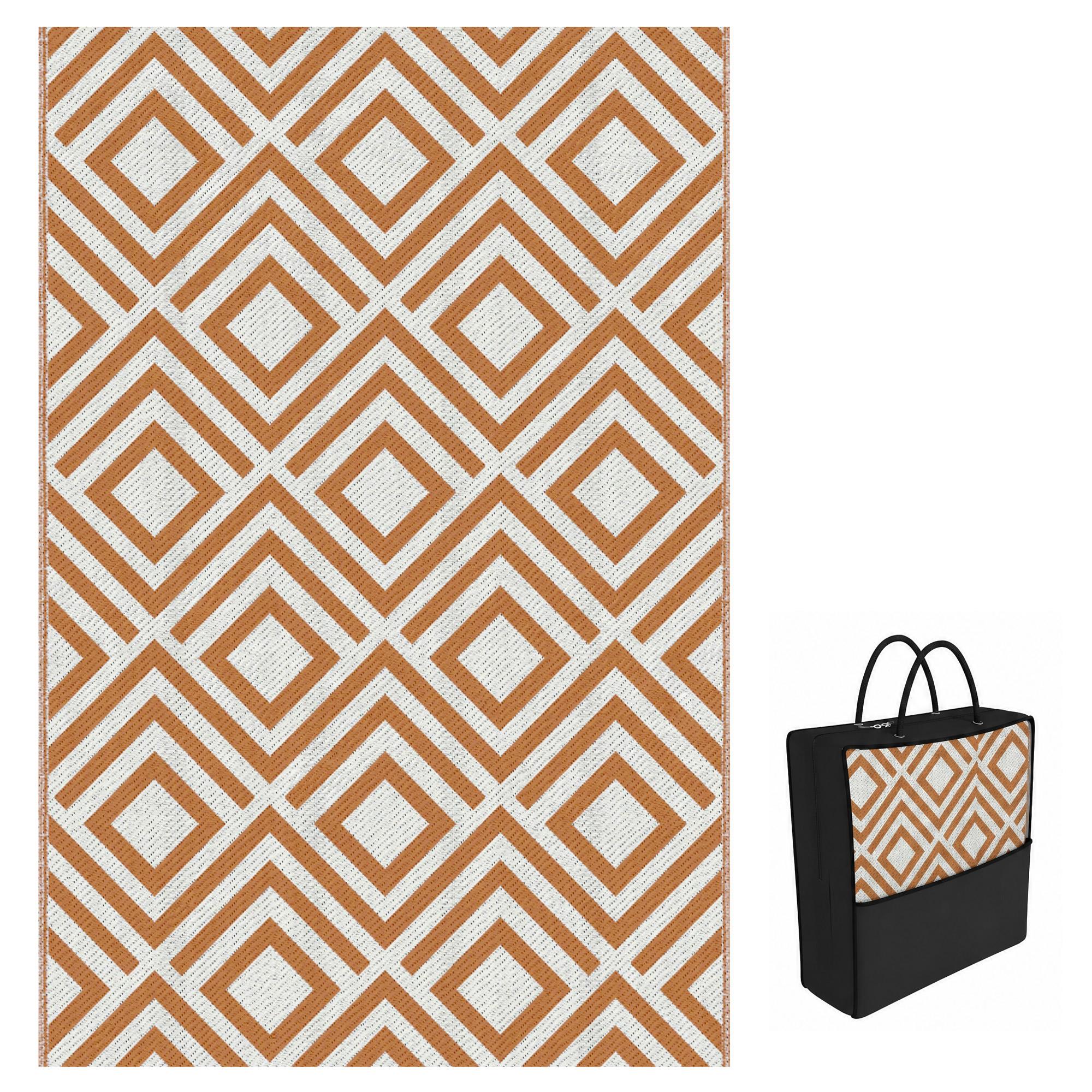 Tapete de Exterior Reversível de Plástico Impermeável para para Varanda Pátio Campismo Praia 182x274cm Marrom e Branco