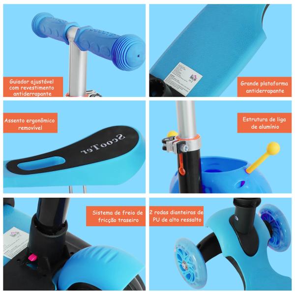 Trotinete 5 em 1 para Crianças com 3 Rodas Assento Removível e Guiador Ajustável Carga Máxima 50 kg 62x25x72,5 cm Azul