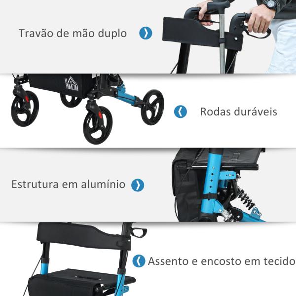 Andarilho Idosos Dobrável de Alumínio com Altura Ajustável Travão e Bolsa de Transporte 66x65x80 - 93 cm Preto e Azul