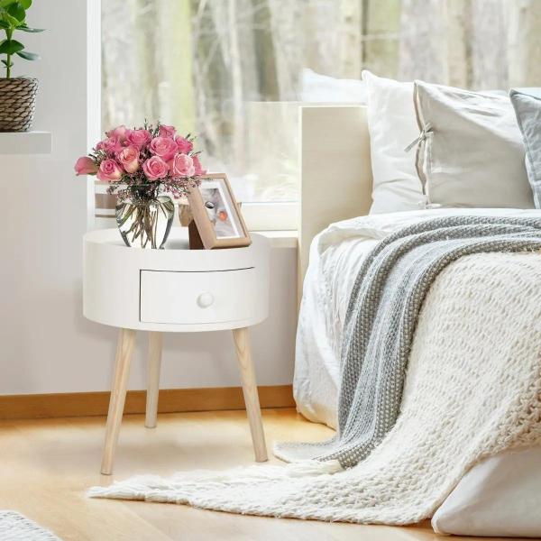 Mesa Apoio Redonda com 1 Gaveta Borda Elevada e 3 Pés de Madeira Estilo Moderno Ø38x45 cm Branco