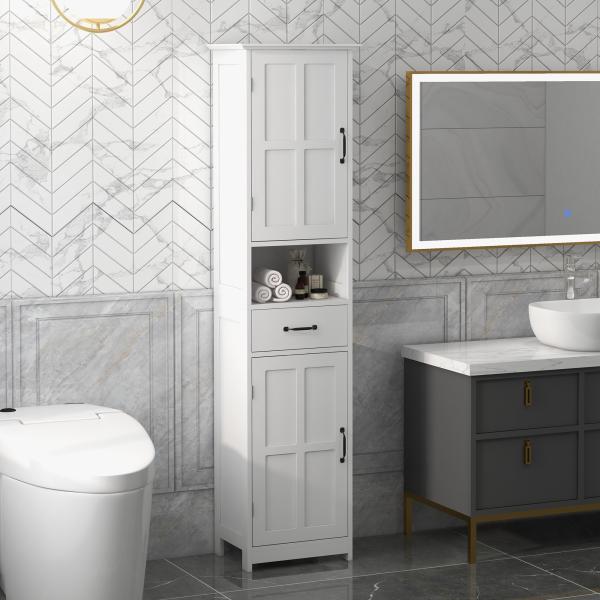 Coluna de Casa de Banho com 2 Portas 1 Gaveta Prateleira Aberta e Prateleiras Ajustáveis 40x30x164 cm Branco