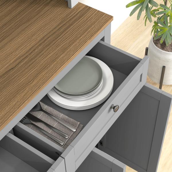 Armário de Cozinha com 3 Portas de Vidro Compartimento Aberto 2 Gavetas e Prateleiras Ajustáveis 100x40x180 cm Cinzento