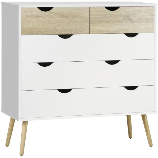 Cómoda com 5 Gavetas Cómoda de Quarto com Pés de Madeira Estilo Nórdico 99x39x101 cm Branco e Carvalho