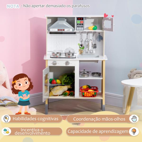 Cozinha Infantil de Madeira Cozinha para Crianças acima de 3 Anos com Altura Ajustável Luz Sons 60x30,5x93,2cm Branco e Cinza