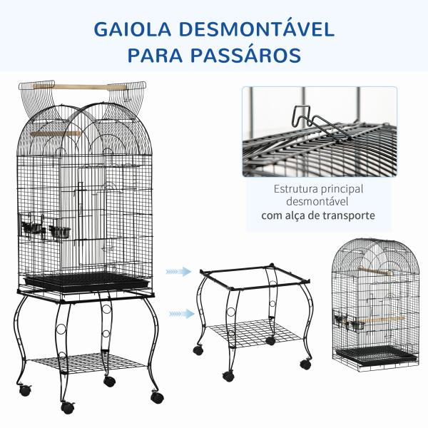 Gaiola para Pássaros com Suporte e Rodas Bandeja Amovível e 2 Tigelas 51x51x153 cm Preto