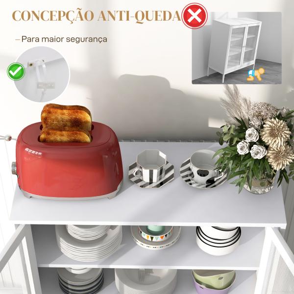 Aparador de 3 Níveis com Portas de Malha e Prateleira Ajustável Aparador de Cozinha Moderno para Sala 80x37x92 cm Branco