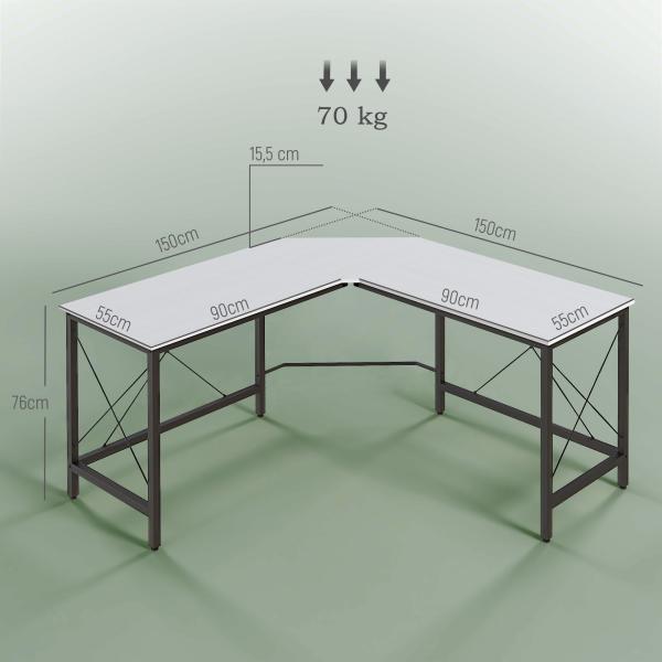 Secretária em Forma de L Secretária para Escritório com Estrutura de Metal Secretária de Canto 150x150x76 cm Branco e Preto