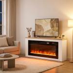 Lareira Elétrica de Pé 900/1800 W com Móvel para TV até 55", 12 Cores de Chama 3D, 5 Níveis de Brilho, Comando à Distância, para 35 m², Branco