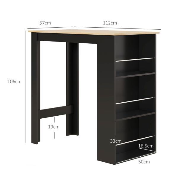 Mesa de Bar com 3 Prateleiras com Suporte Estilo Moderno para Cozinha Sala de Jantar 112x57x106 cm Preto e Madeira