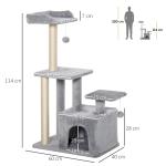 Arranhador para Gatos Altura 114 cm com Postes de Sisal 3 Plataformas Caverna e 2 Bolas Suspensas Cinza Claro
