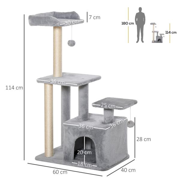 Arranhador para Gatos Altura 114 cm com Postes de Sisal 3 Plataformas Caverna e 2 Bolas Suspensas Cinza Claro