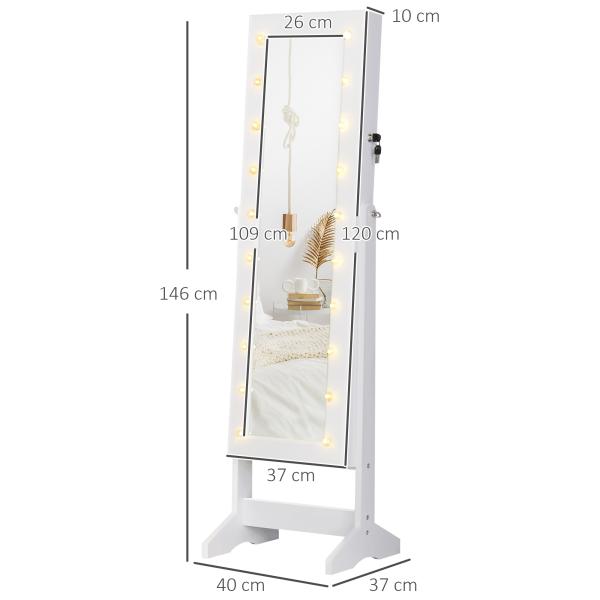 Armário para Joias 20 Luzes de LED Reclinável Fechadura Madeira 40x37x146cm Branco
