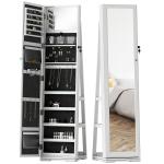 Joalheiro de Pé Armário para Jóias 360° com Fechadura e Espelho Incorporado Carga Máxima 20 kg 38x38x160 cm Branco