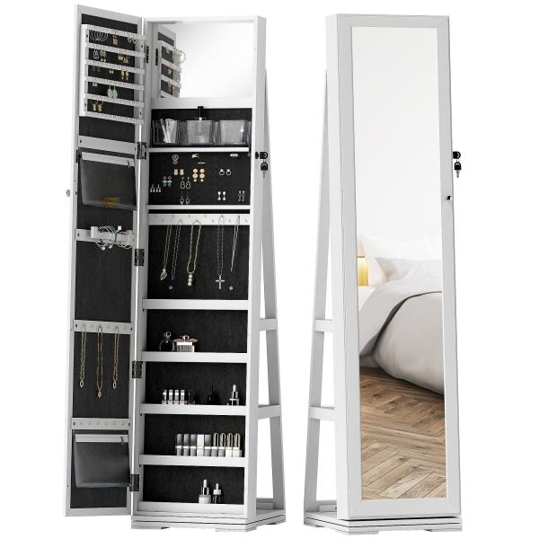 Joalheiro de Pé Armário para Jóias 360° com Fechadura e Espelho Incorporado Carga Máxima 20 kg 38x38x160 cm Branco