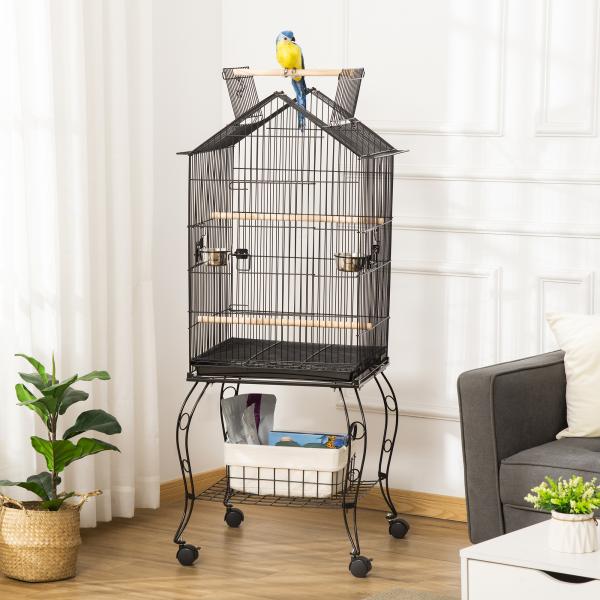 Gaiola para Pássaros com Suporte Rodas Bandeja Amovível 2 Comedouros e Prateleira Inferior de Metal 50x58x145 cm Preto