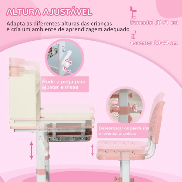 Conjunto de Secretária e Cadeira para Crianças com Altura Ajustável e Bancada Inclinável 80x52x88x109cm e 35,5x44,5x66 - 80cm Rosa