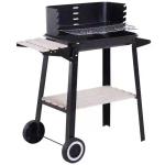 Barbecue a Carvão com Grelha Ajustável em Altura Prateleiras e Rodas para Jardim Exterior Campismo 83x45x87 cm Preto