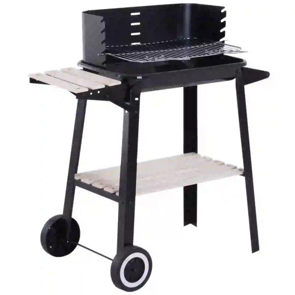 Barbecue a Carvão com Grelha Ajustável em Altura Prateleiras e Rodas para Jardim Exterior Campismo 83x45x87 cm Preto