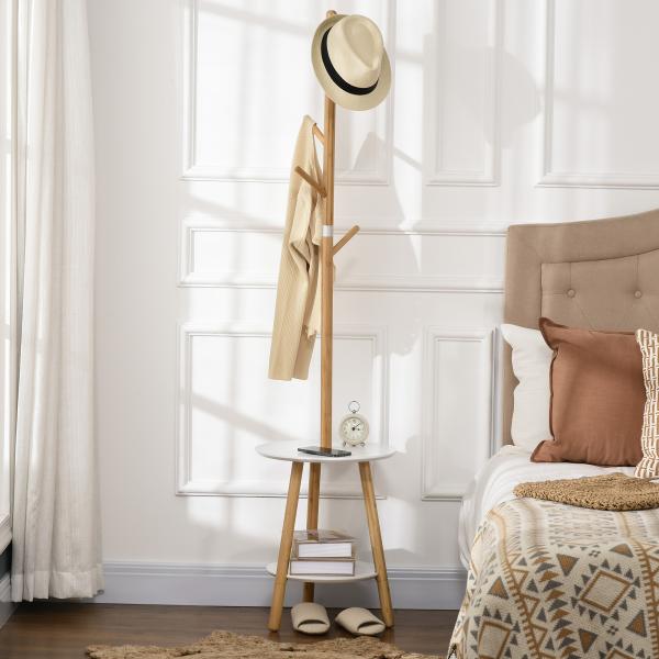 Cabide de Pé de Bambu 2 em 1 com 2 Prateleiras 5 Ganchos e Estrutura de Alumínio 39x5x39,5x71cm Madeira e Branco