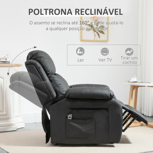 Poltrona Relax Levanta Pessoas com Controle Remoto Reclinação Elétrica de 160° Apoio para os Pés Encosto Estofado em PU e Bolsos Laterais 76x90x105cm Preto