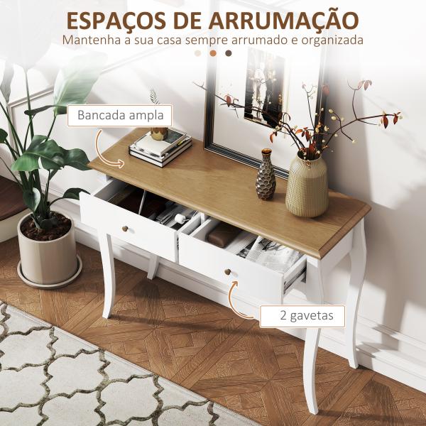 Mesa Consola Consola de Entrada com 2 Gavetas Estilo Francês 100x35x76,5 cm Branco e Marrom Escuro