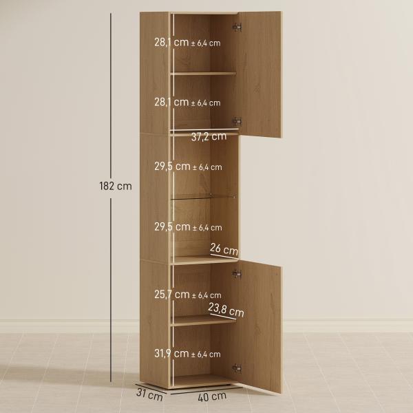 Coluna Casa de Banho Estreita Armário de Banho Alto com 6 Níveis com 2 Portas Prateleira de Vidro 40x31x182 cm Carvalho