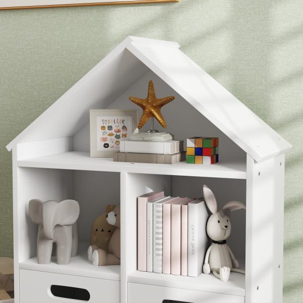 Estante para Livros Infantil de 3 Níveis em Forma de Casa com 3 Prateleiras e 2 Armários, para Crianças dos 3 aos 8 Anos, Branco