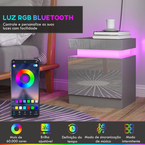 Mesa de Cabeceira com Luz LED Painel de Alto Brilho 2 Gavetas e Controlo Remoto para Dormitório 45x35x52 cm Cinzento