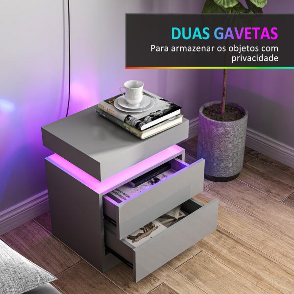Mesa de Cabeceira com Luz LED Painel de Alto Brilho 2 Gavetas e Controlo Remoto para Dormitório 45x35x52 cm Cinzento