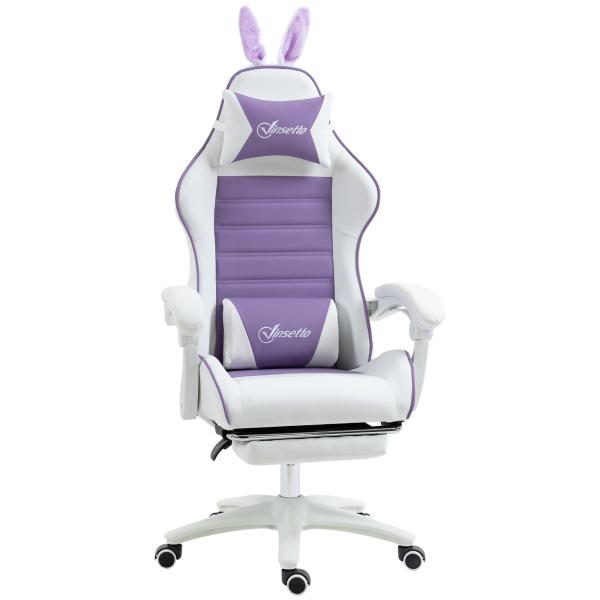 Cadeira Gaming Giratória de Couro PU com Altura Ajustável Inclinável 135° Apoio para a Cabeça 65x63x136 - 142 cm Branco e Roxo