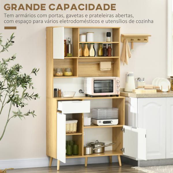 Armário de Cozinha com 3 Portas Gaveta Prateleira Ajustável Bancada para Micro - Ondas e Suporte para Panos 93x40x180 cm Madeira e Branco