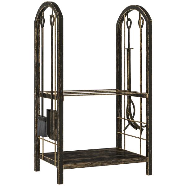 Porta - Lenha Metálico de 2 Níveis com 4 Ferramentas para Lareira e Ganchos 43x30x74 cm Castanho Escuro