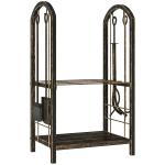 Porta - Lenha Metálico de 2 Níveis com 4 Ferramentas para Lareira e Ganchos 43x30x74 cm Castanho Escuro