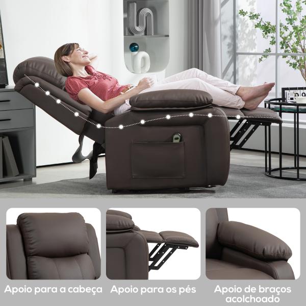 Poltrona Relax Levanta Pessoas com Controle Remoto Reclinação Elétrica de 160° Apoio para os Pés 76x90x105 cm Castanho Escuro