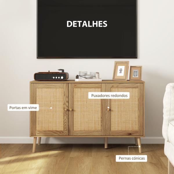 Aparador para Sala de Estar com 3 Portas em Vime Aparador Estilo Boémio, com Prateleiras Ajustáveis 120x40x75 cm Madeira