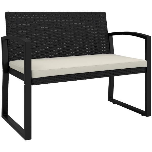 Banco de Jardim em Vime Sintético de 2 Lugares Banco de Exterior com Almofada 103x58x78 cm Preto e Bege
