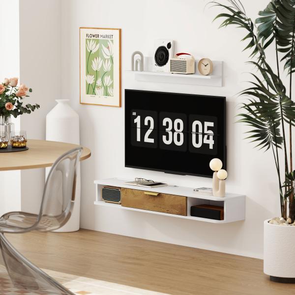 Móvel de TV Sala de Estar com Prateleira de Parede Armário Orifícios para Cabos para Televisão de Parede 120x24x16 cm Branco