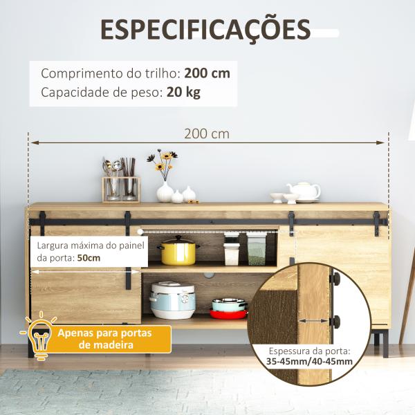 Ferragens Portas de Correr 200 cm Kit para Porta de Correr Dupla Largura 50 cm Aço Carbono Preto
