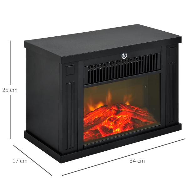 Lareira Elétrica Portátil com Termostato Ajustável 600W/1200W e Efeito de Chama Realista 34x17x25cm Preta