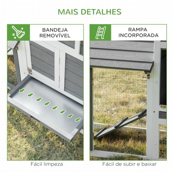 Galinheiro de Madeira para Exterior Gaiola para 2 - 3 Galinhas com Cercado de Arame Teto Abatível Caixa Ninho Bandeja Removível e Rampa 150,5x54x87cm Cinza e Branco