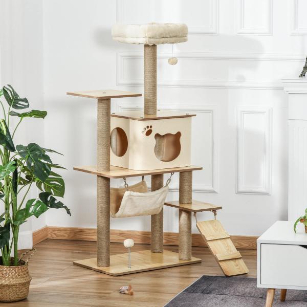 Árvore Arranhadora para Gatos Torre de Escalada com Plataformas Rede Escada Caverna Postes para Arranhar de Juta Bola Supensa e Descanso 60x40x130cm Bege