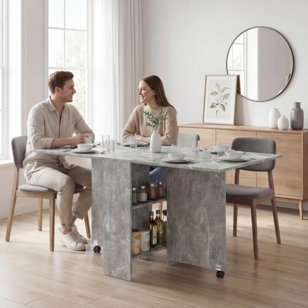 Mesa de Sala de Jantar Dobrável com 2 Prateleiras de Armazenamento e Rodas para Cozinha 75x140x74 cm Cinza