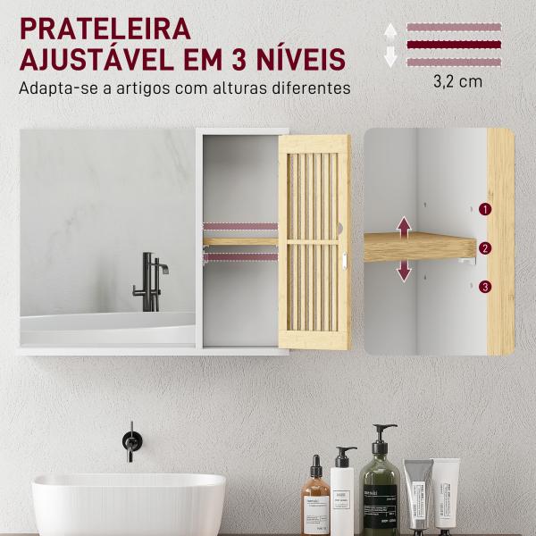 Espelho de Casa de Banho 60x50 cm Espelho de Parede com Porta de Ripas de Bambu Prateleiras de Arrumação Branco e Madeira