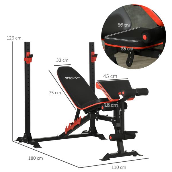 Banco de Musculação Multifuncional Banco de Pesos com Encosto Reclinável e Suporte de Barras Ajustável 180x110x126 cm Preto